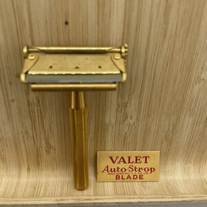 Vintage 1940s LOT Valet Autostrop VC4 Style Single Edge Gold Tone Razor + Blades